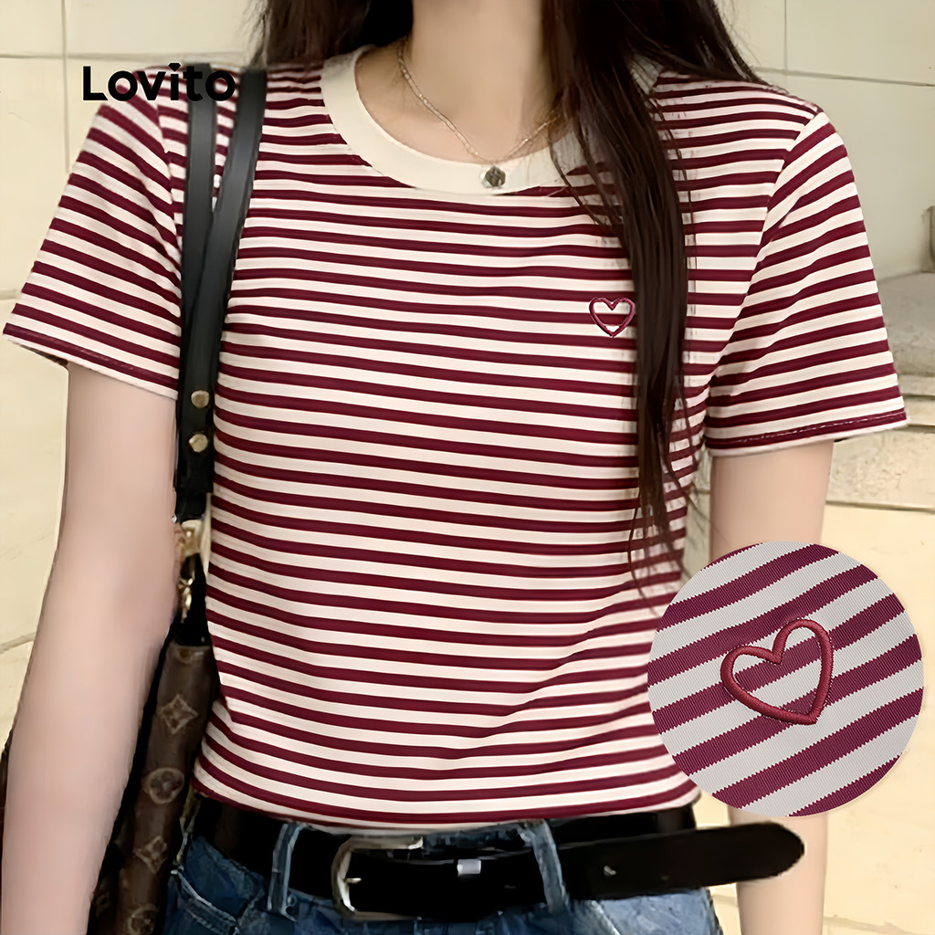 Lovito  Camiseta Casual Colorblock com Bordado para Primavera/verão Vermelha e Branca para Mulheres. L177ED222 em Oferta na Shopee