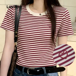 Lovito Listrada Casual Camiseta Colorblock com Bordado para Primavera/verão Vermelha e Branca para Mulheres L177ED222