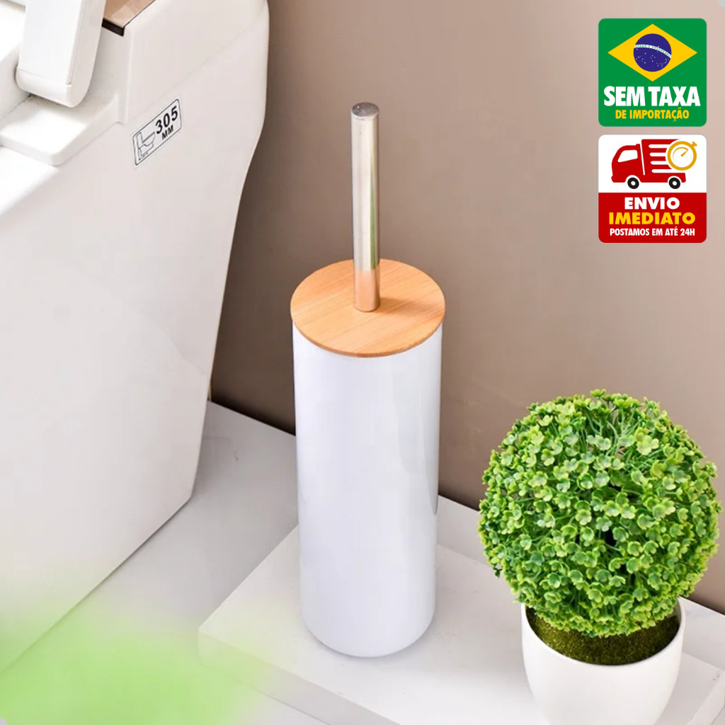 Escova para Vaso Sanitário 38cm com Suporte Branco Tampa Bambu