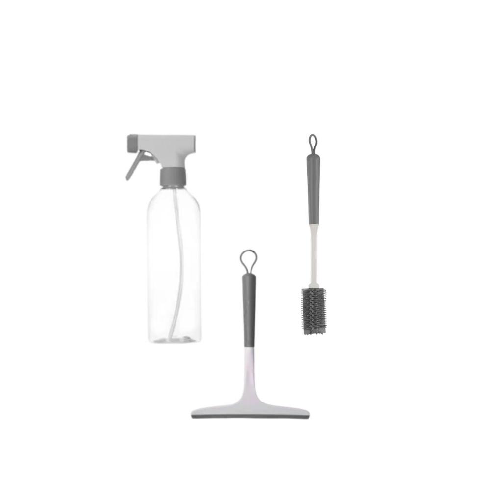Kit Flow: Rodo Multiuso Bege + Escova Para Taças E Garrafas Cinza + Borrifador Multiuso 500m