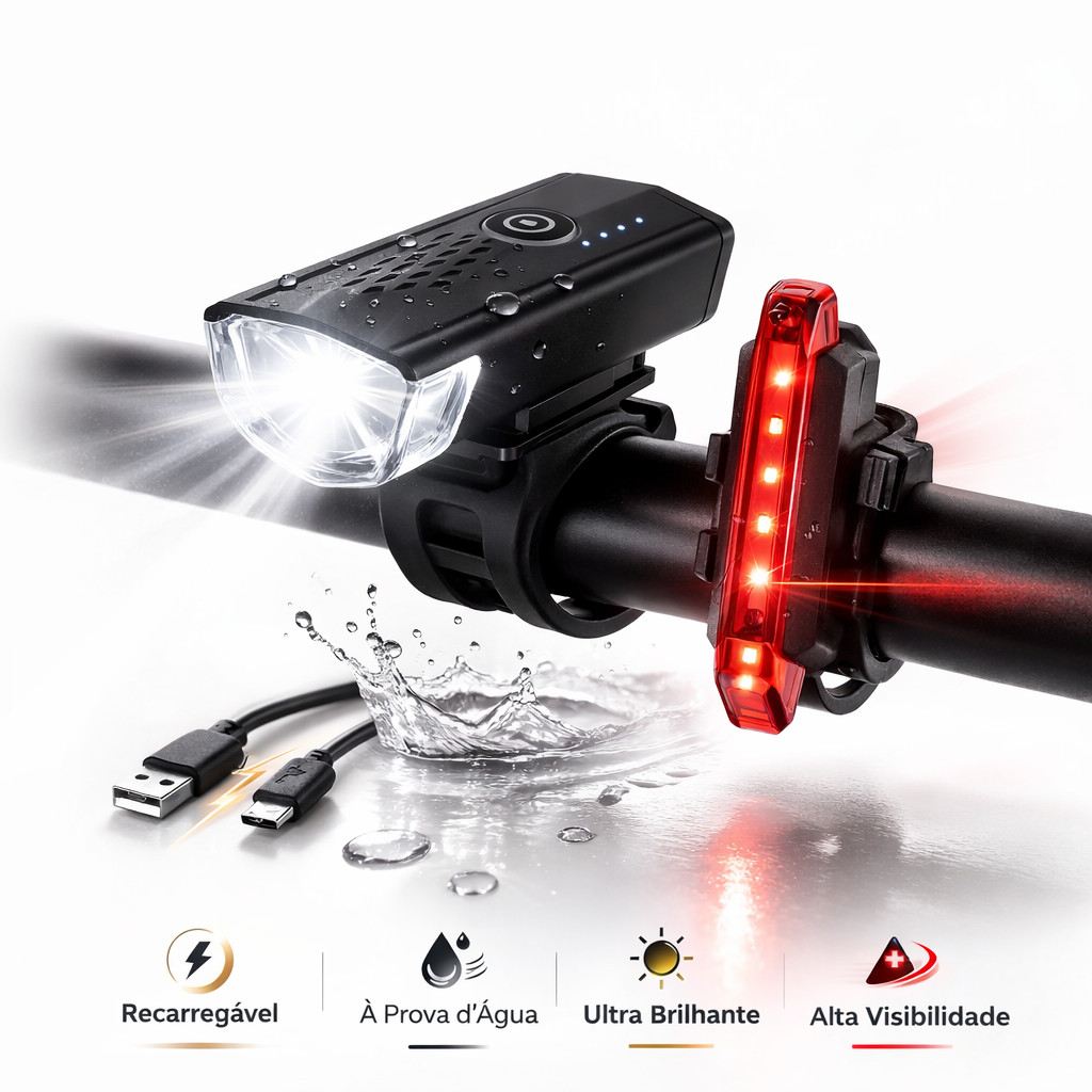 Kit Farol e Lanterna para Bicicleta LED Ultra Brilhante à Prova d’Água – Segurança Noturna