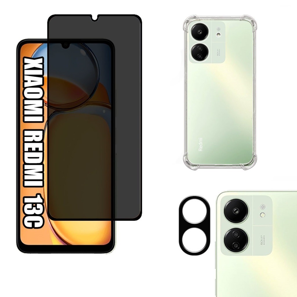 Kit Capa Capinha Xiaomi Redmi 13C + Película 3D Privacidade SPY + Câmera