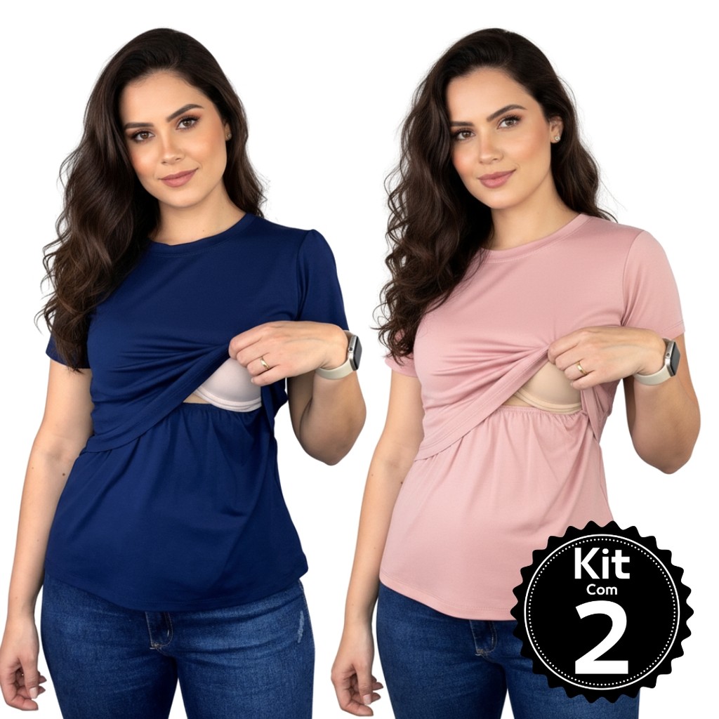Kit 2 Blusa Amamentação Lisa Camiseta Manga Curta T-shirt Moda Gestante Grávida em Oferta na Shopee