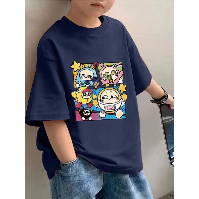 Street Wear meninos crianças puro algodão Eggboy festa impressão manga curta 2025 novo estilo em torno do pescoço bonito