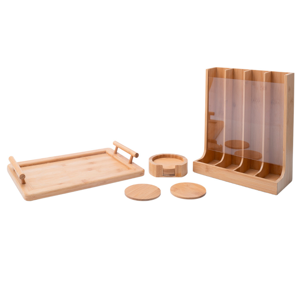 Kit com Porta Cápsulas, Bandeja Retangular com Alças E Jogo de Porta Copos de Bambu - Oikos em Oferta na Shopee