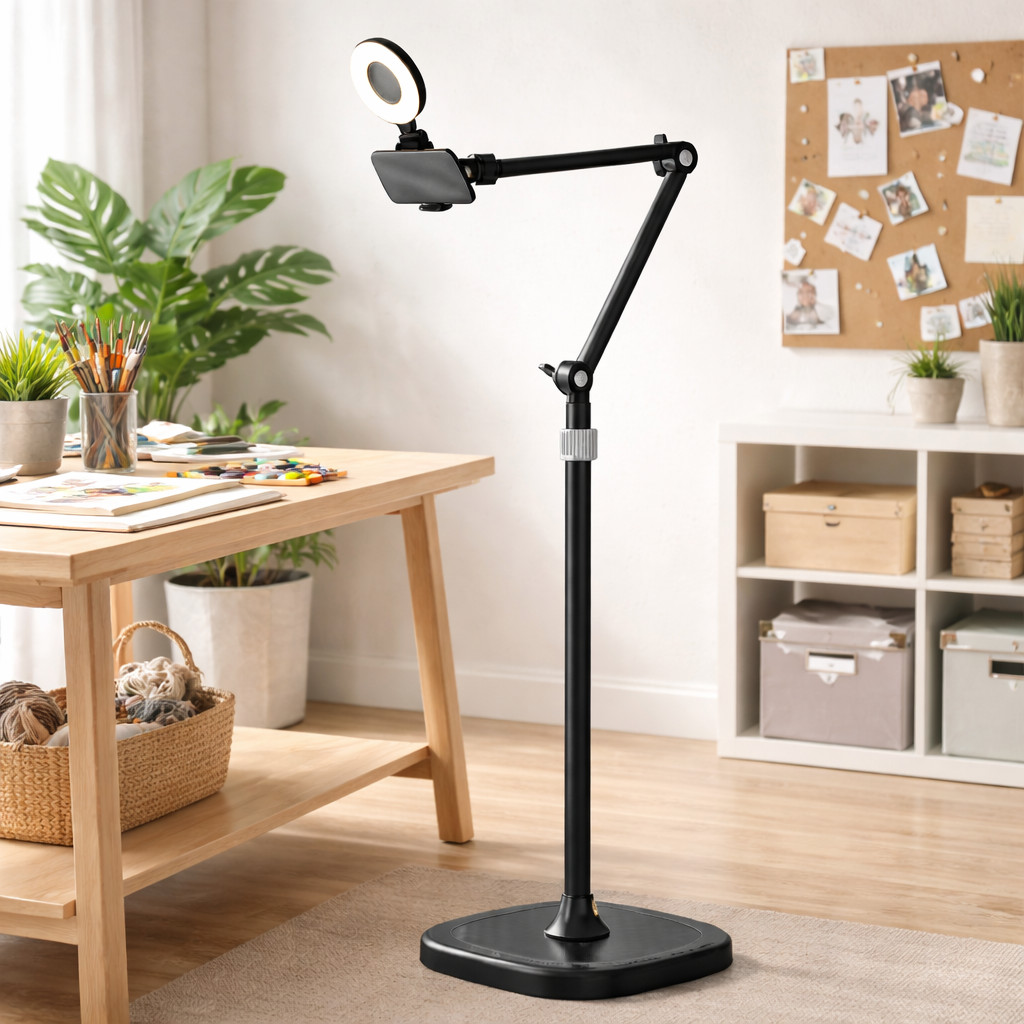 Suporte Celular com Ring Light Altura Regulável Base Antiderrapante Clip Extensível Estável