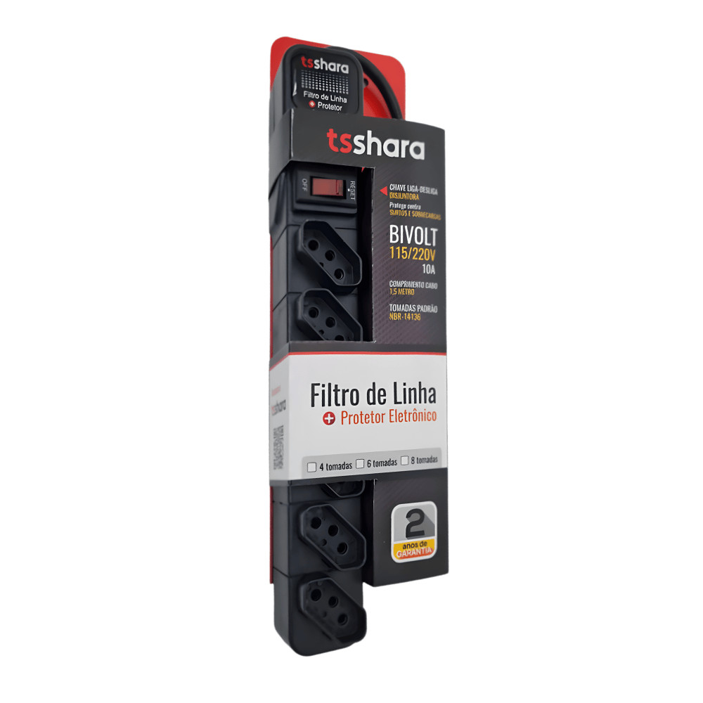 Filtro De Linha Ts Shara + Protetor 6 Tomadas 1,5m - 554 Cor Preto Bivolt
