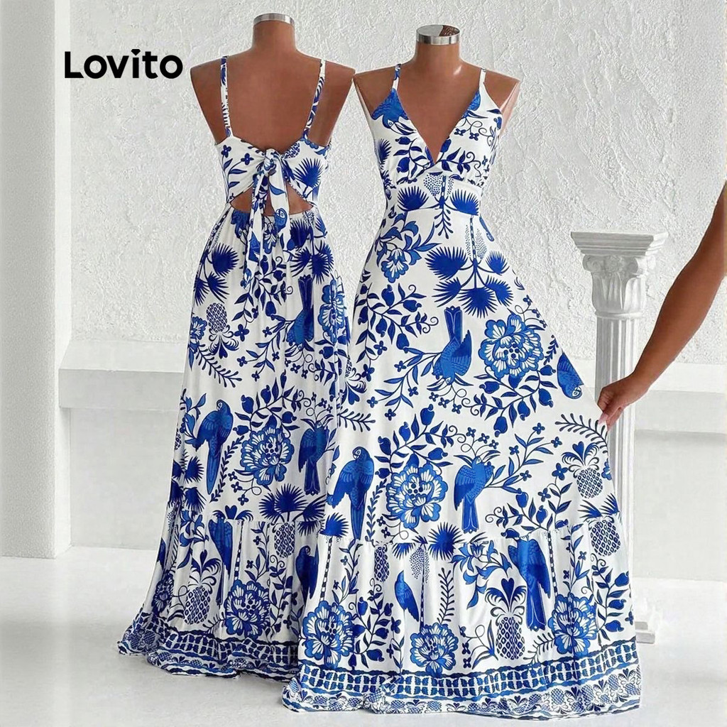 Lovito Vestido de Festa Boho Estilo Resort Primavera/Verão Azul Branco LK2LD367