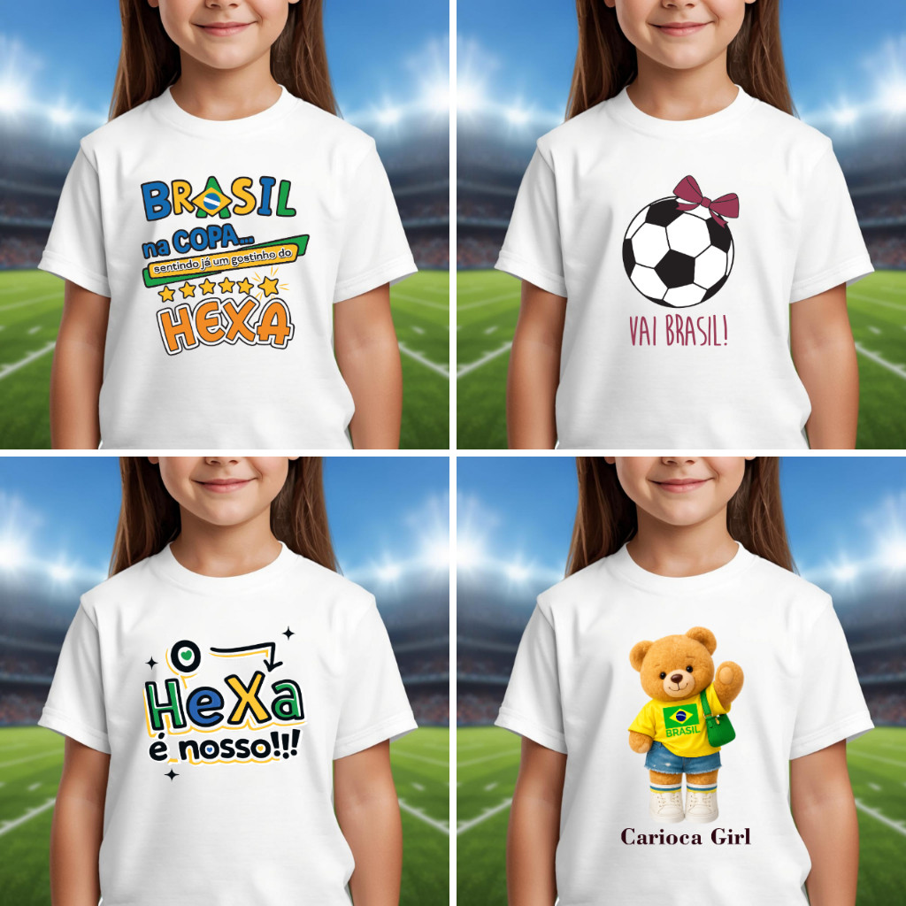 Camiseta Brasil Hexa CAMISETA OU CROPPED Infantil Copa do Mundo 2026 Sublimação