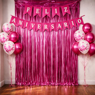 Kit Decoração Aniversário Pink Completo –  Cortina Metalizada 2x1m + Faixa Feliz Aniversário em Oferta na Shopee