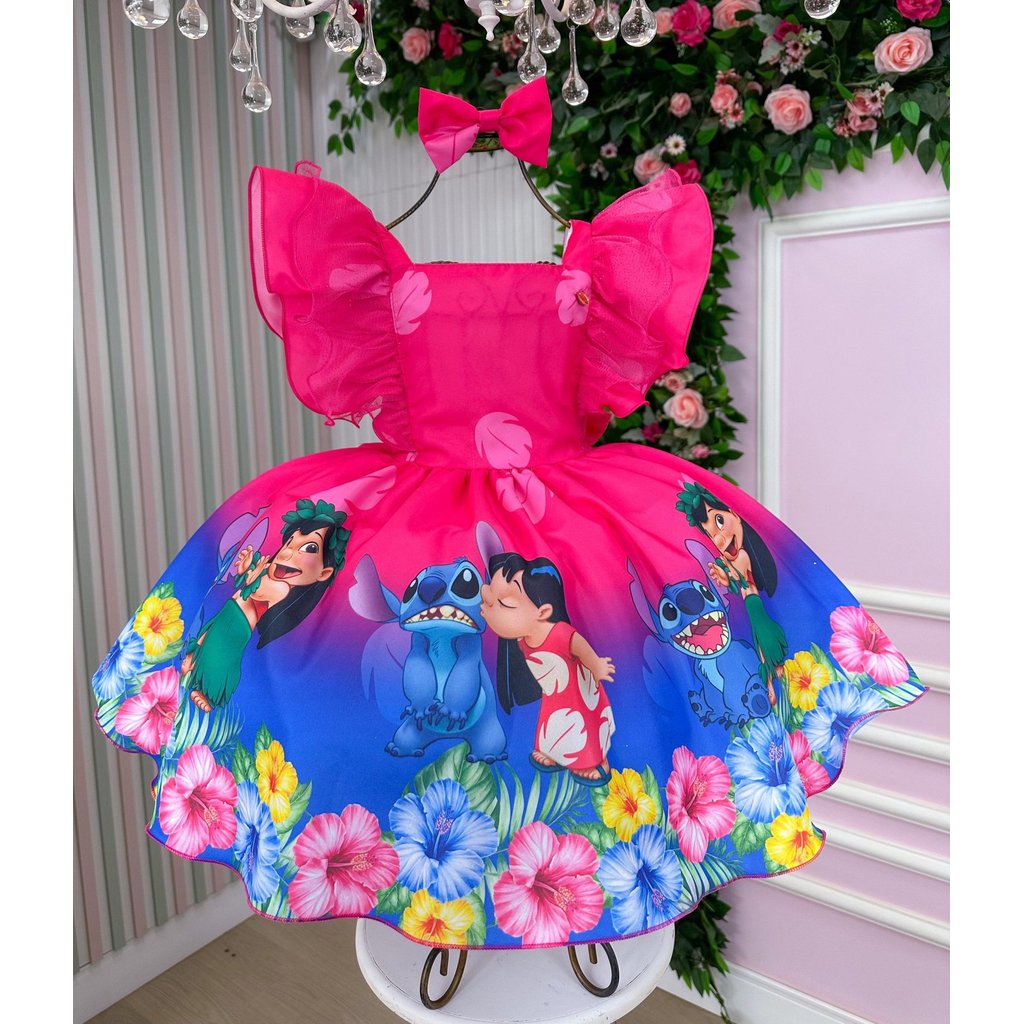 Vestido Infantil Menina Temático Lilo e Stitch/Pink/Festas infantis/Aniversários/Sessões de fotos