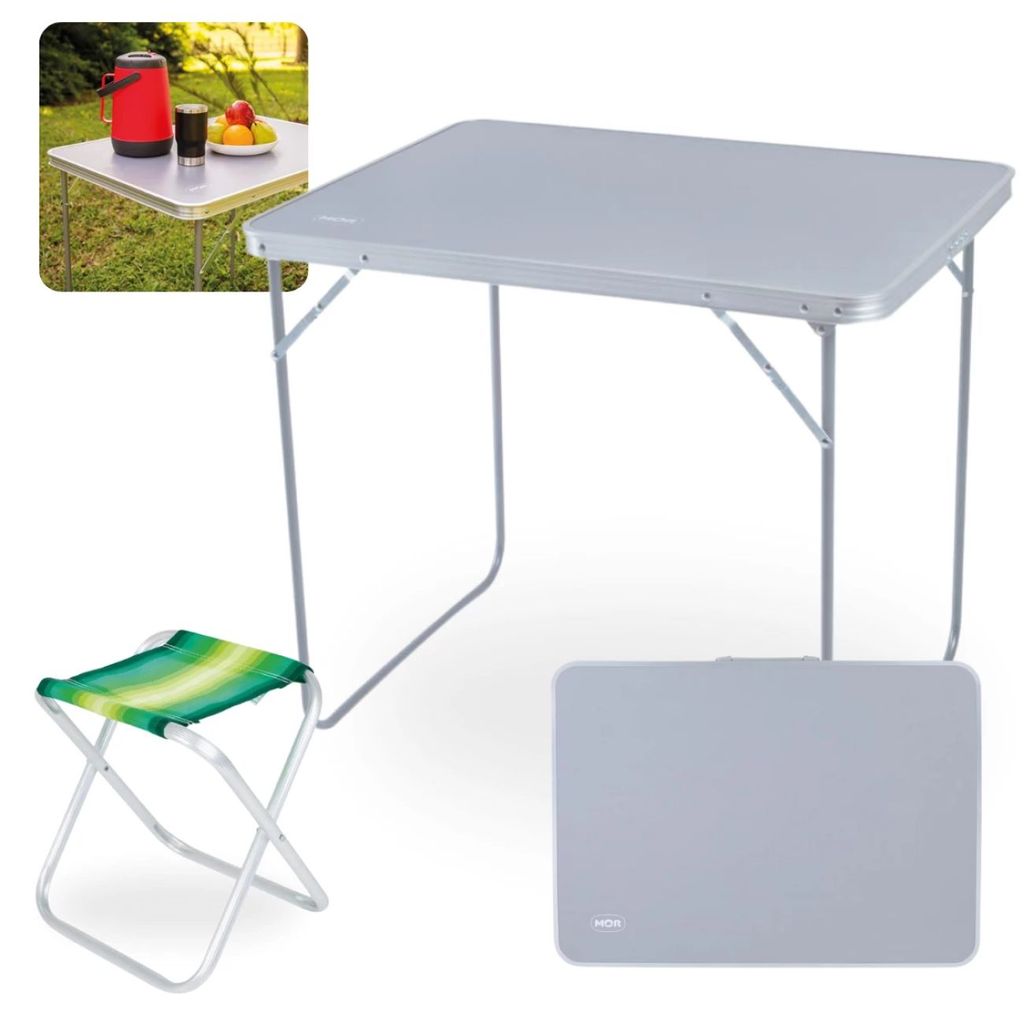 Kit Mesa Dobrável Portátil 80cm + Banqueta Alumínio Dobrável Camping Praia Pesca