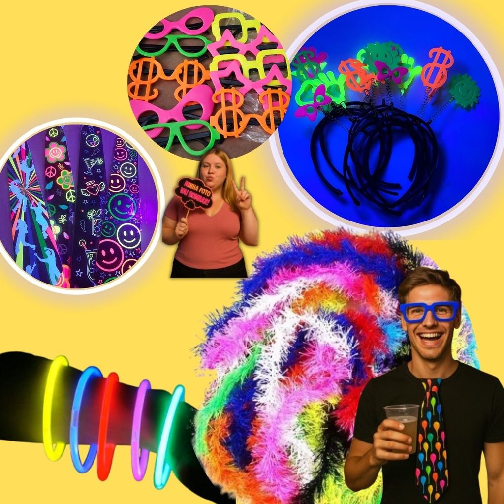 kit balada festa neon 100 pçs I 50 pulseira neon, 10 tiara neon, 10 gravata neon 10 Óculos 10 Plaquinhas 10 Marabus