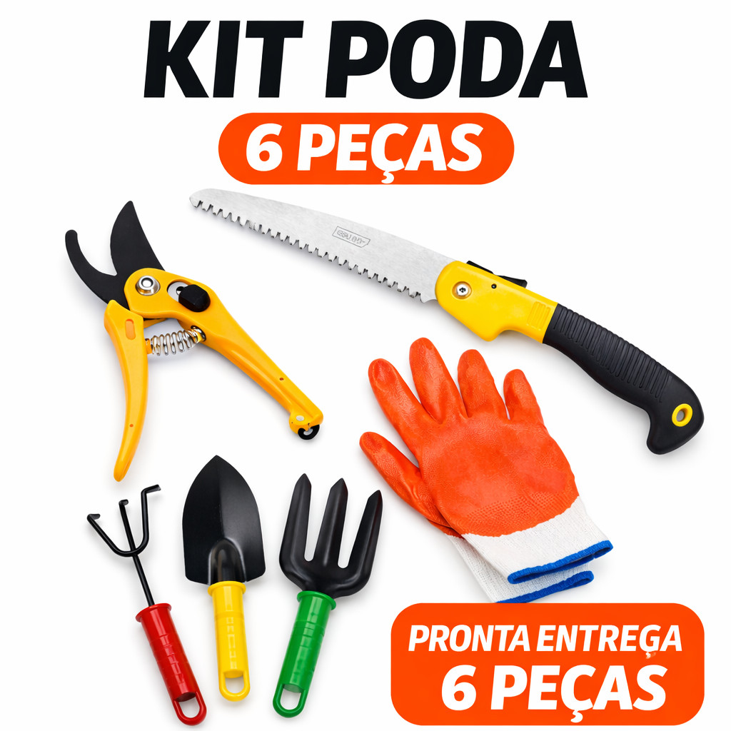 Kit Paisagismo Poda Tesoura Luva Emborrachad Rastelo Pá e Garfo Jardinagem Bonsai mais Serra Dobrável Galho Corte Jardim