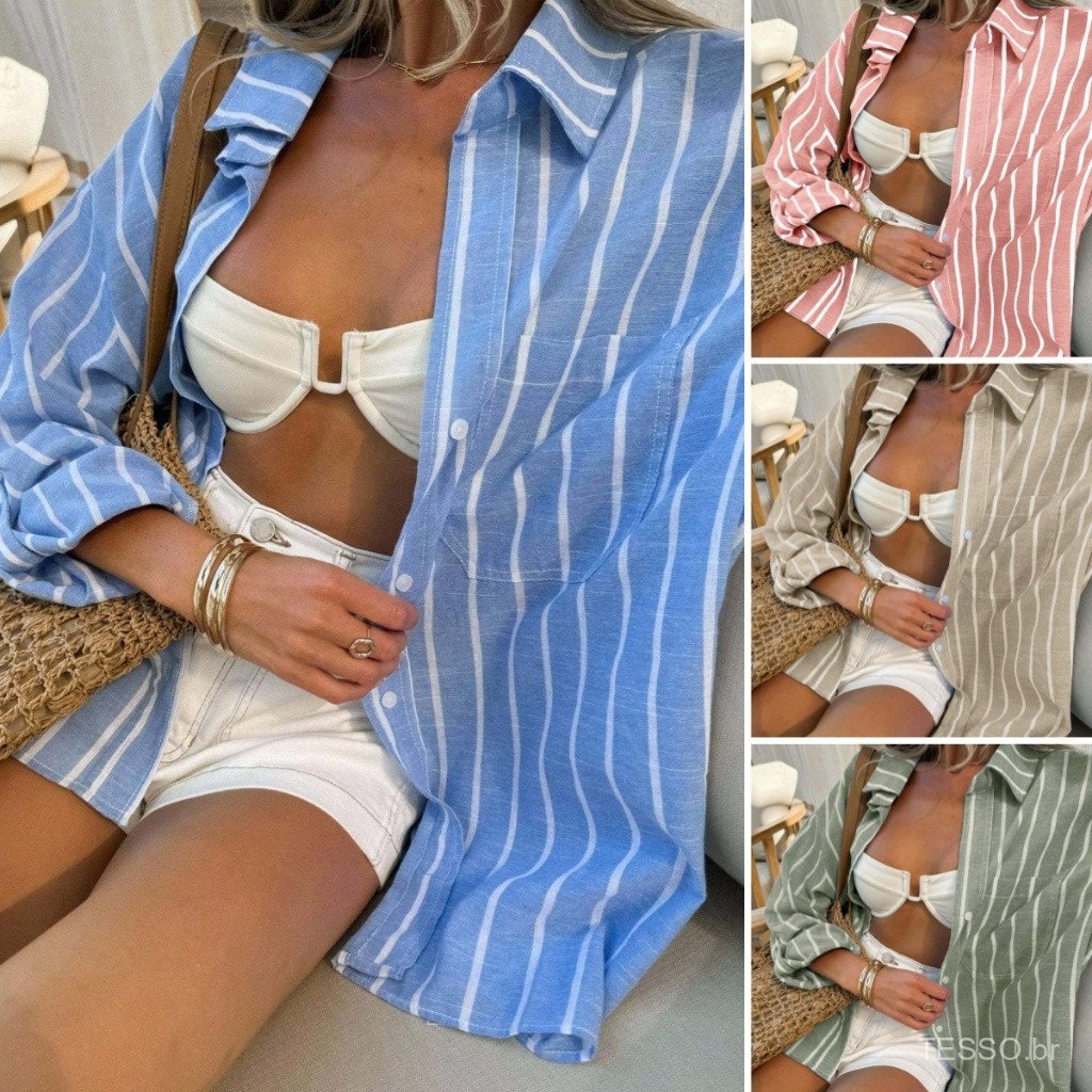 Camisa Manga Longa Feminina BotõEs Listrada Listras Coloridas E Bloco Mangas DobráVeis