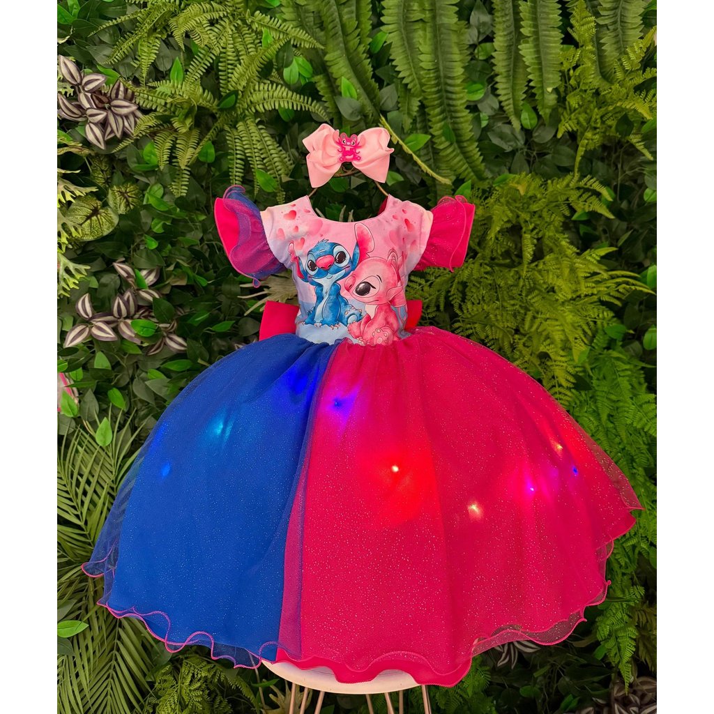Vestido Infantil Menina Tematicos Lilo Stitch Pink e Azul com Led-Festa Aniversário Tema Lilo Stitch