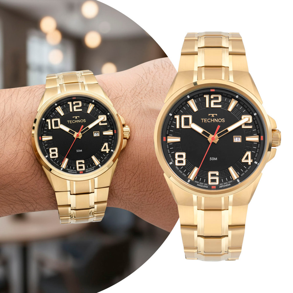 Relógio Masculino Analógico de Pulso Dourado e Preto com Caixa e Pulseira de Aço Inoxidável Luxo Casual e Social Technos