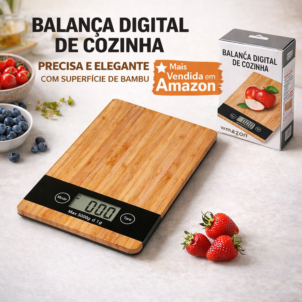 Balança eletrônica de cozinha 5kg, alta precisão, 1g, padrão de bambu, painel, balança de cozimento, balança doméstica