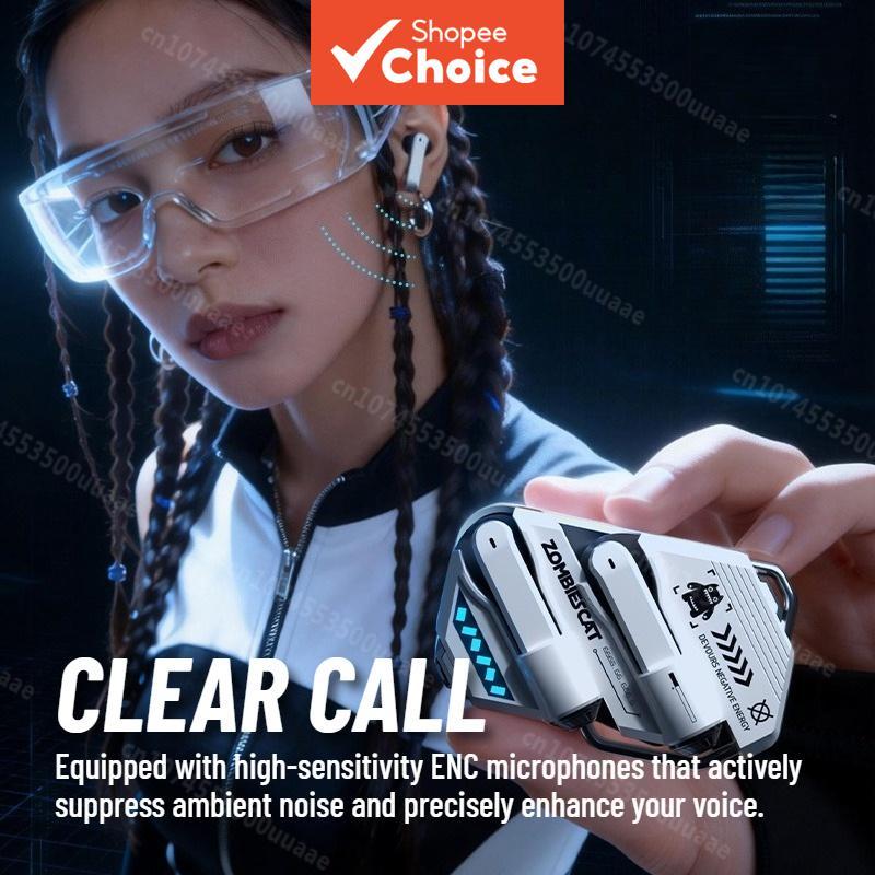 Fones de Ouvido ZOMBIESCAT B21 Bluetooth Semi In-Ear, Tradução AI, Modo Gamer Baixa Latência, Som HiFi, Bateria de