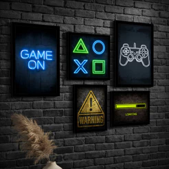 Kit 5 quadros decoração casa quarto menino homem adolescente gamer video game neon moderno parede
