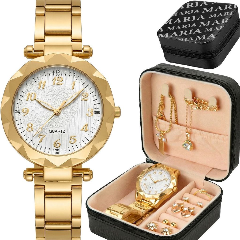 Kit Relógio Feminino Banhado Ouro Aço Inox + Porta-Joias + Colar + Pulseira + Brincos Presente