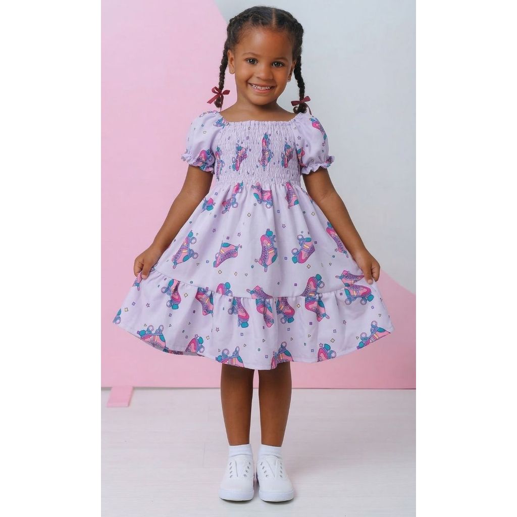 Vestido Infantil estampa de Patins manga bufante com Lastex
