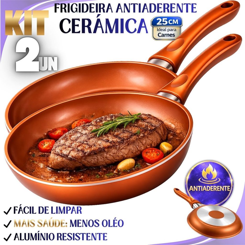 kits 2 ou 1 Frigideiras Ceramica Antiaderente Fogão Gás Elétrico Profissional Cabo Antitérmico