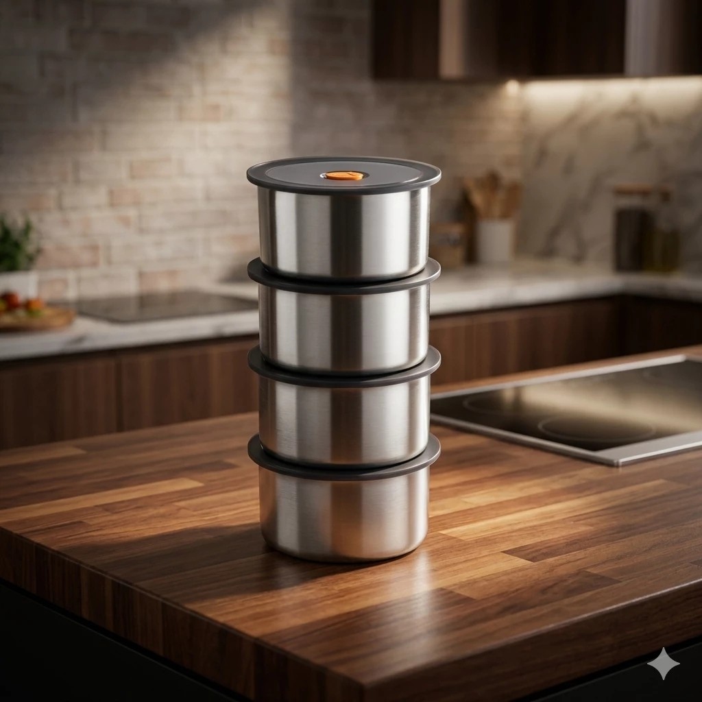 Potes inox herméticos redondos 450ml conjunto tampa vedação guardar lanche tempero Achadinhos