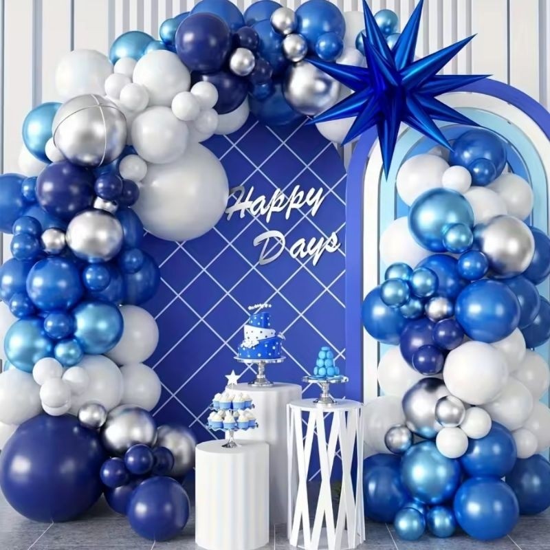 Kit 135 Balões Premium Azul Prata Branco Cromado Bexiga Luxo Decoração Festa Aniversario Arco Desconstruído + Fita