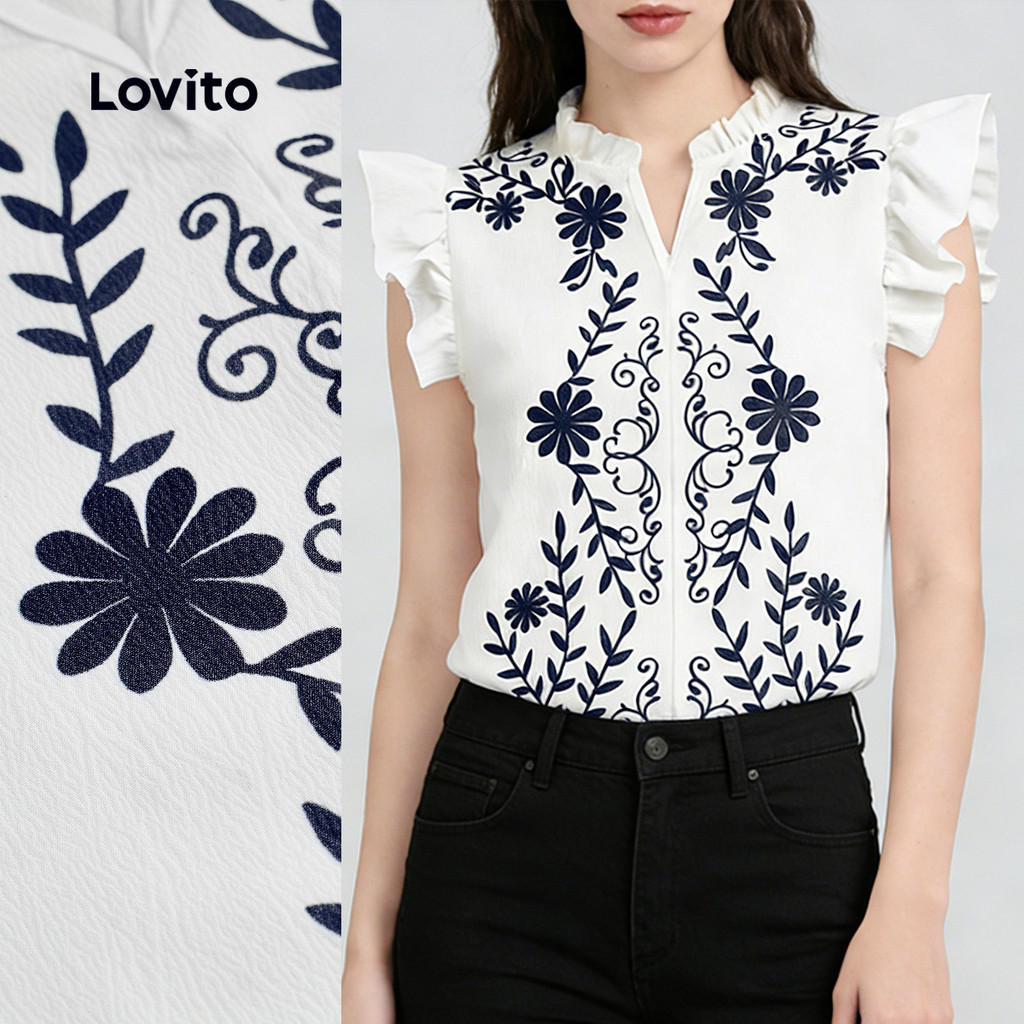 Shopee – Lovito Blusa Casual Flores Babados Lazer Primavera/verão Blusa Branca para Mulheres L172ED1677