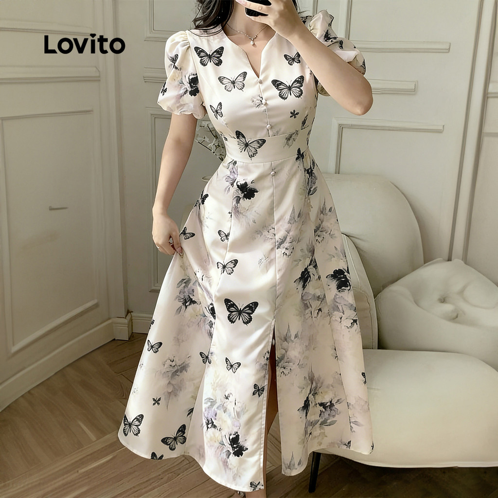 Lovito Elegante Vestido Floral Feminino Formal Justo Estampado Confortável Primavera/verão Preto Branco L178ED1376 · foto 2