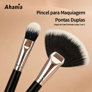 Pincel para Maquiagem Pontas Duplas, Pincel Lingua de Gato/Formado Leque 2 em 1, Pincel Dupla Face