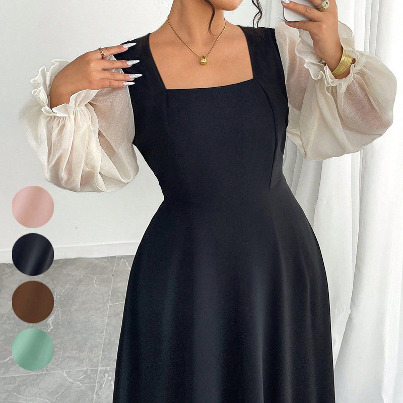 Amazon vestido feminino gola quadrada manga bufante gaze costura vestido preto feminino novo estilo vestido elegante