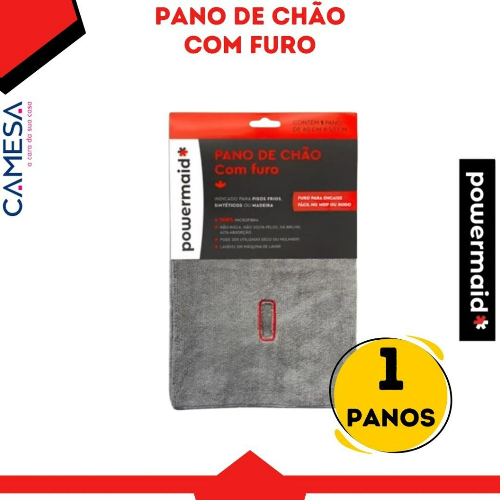 Panos de Chão Microfibra com Furo para Encaixe Fácil Faxina e Limpeza 60cm x 50cm Cinza - Powermaid Camesa