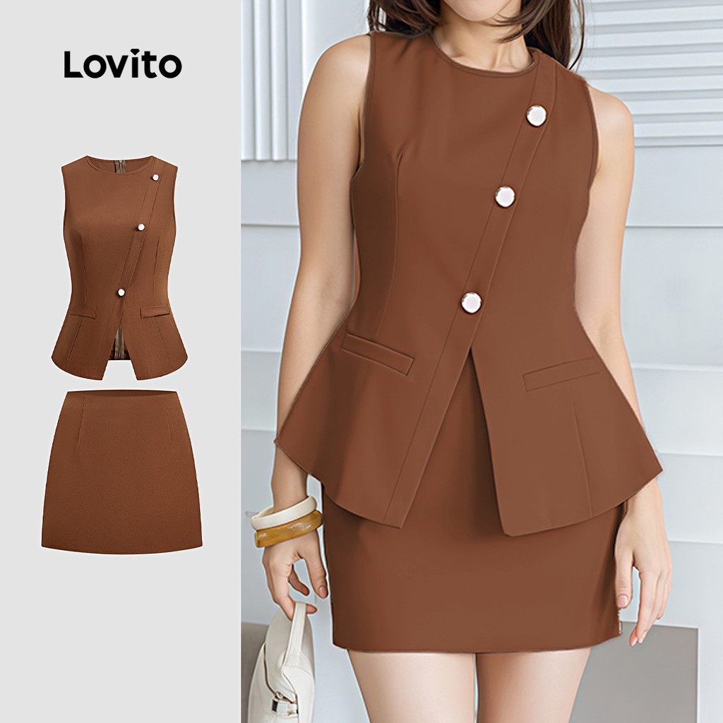 Lovito  Conjuntos de Saia Frontal Primavera/verão Marrom Conjuntos de Saia para Mulheres L177ED088