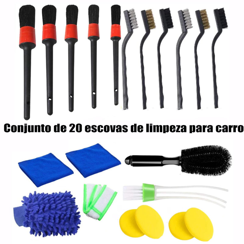 Kit Lavagem de Carro 20/10/8 Peças - Escovas, Luvas e Acessórios para Limpeza Automotiva Completa