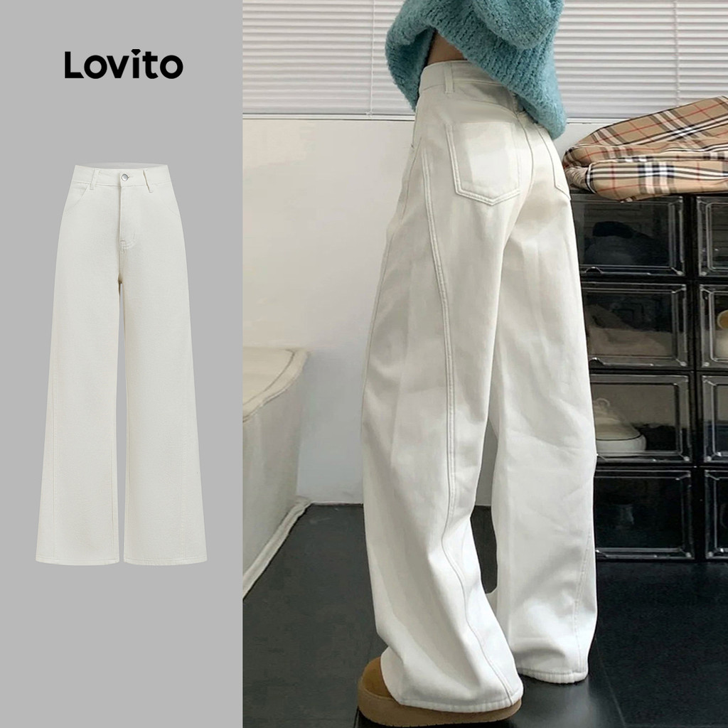 Lovito Casual Jeans Simples Brancos para Mulheres L179AD124
