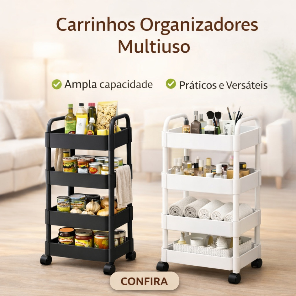 Organizador Móvel 4 Prateleiras com Rodinhas | Multiuso para Cozinha, Banheiro e Lavanderia | Entrega Rápida 24h