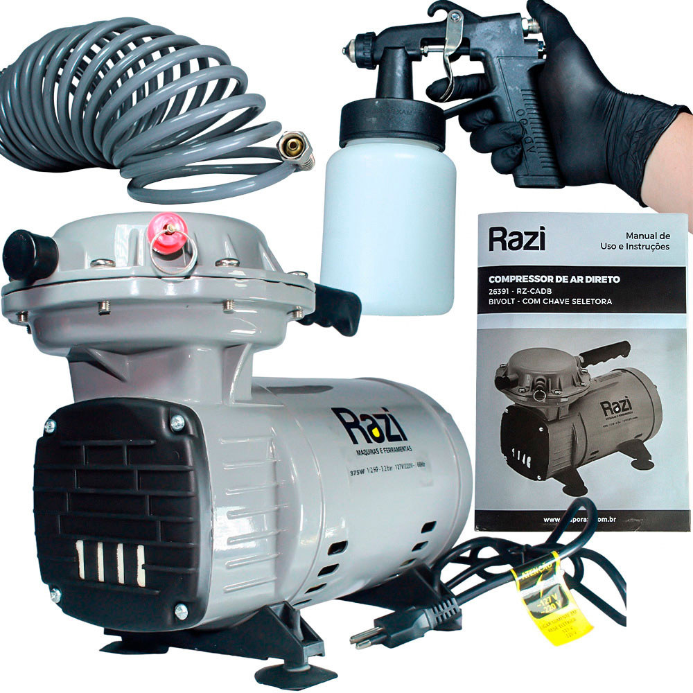 Kit Compressor de Ar Direto Razi RZ-CADB Bivolt 375W 3,2 bar com Pistola e Mangueira Para Pintura