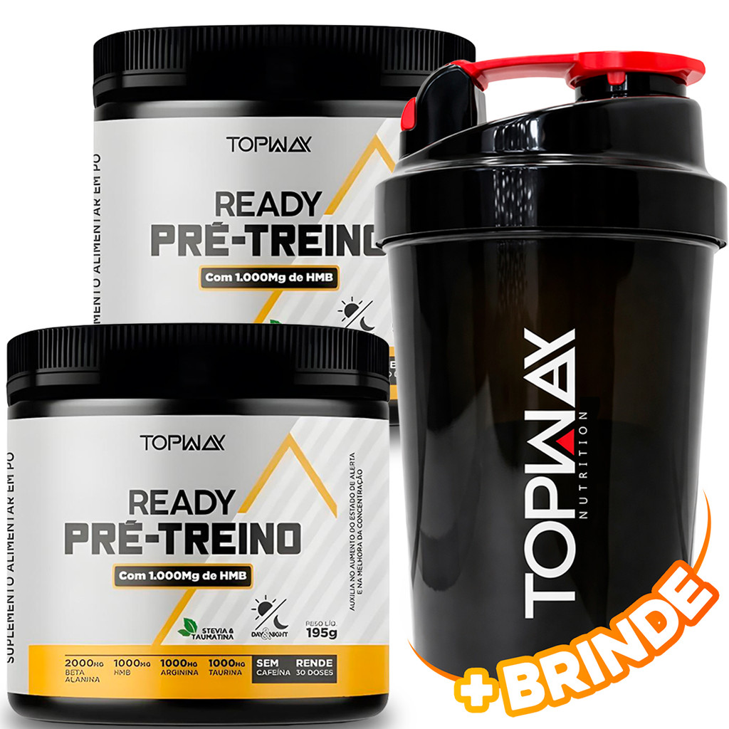 2x Suplemento Alimentar Topway Ready Pre treino 195g 0 Cafeína + HMB 1000MG Limão + Coqueteleira
