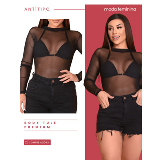 Body Feminino Tule Luxo Manga Longa Blusa Feminina Festa Balada Casual em Oferta na Shopee