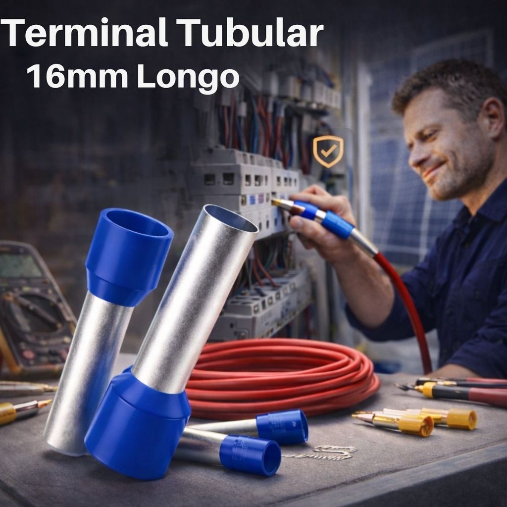 TERMINAL TUBULAR ILHOS PARA CABO 16MM E16-25 LONGO AZUL PARA MEDIDOR DE ENERGIA E INSTALAÇÃO ELÉTRICA