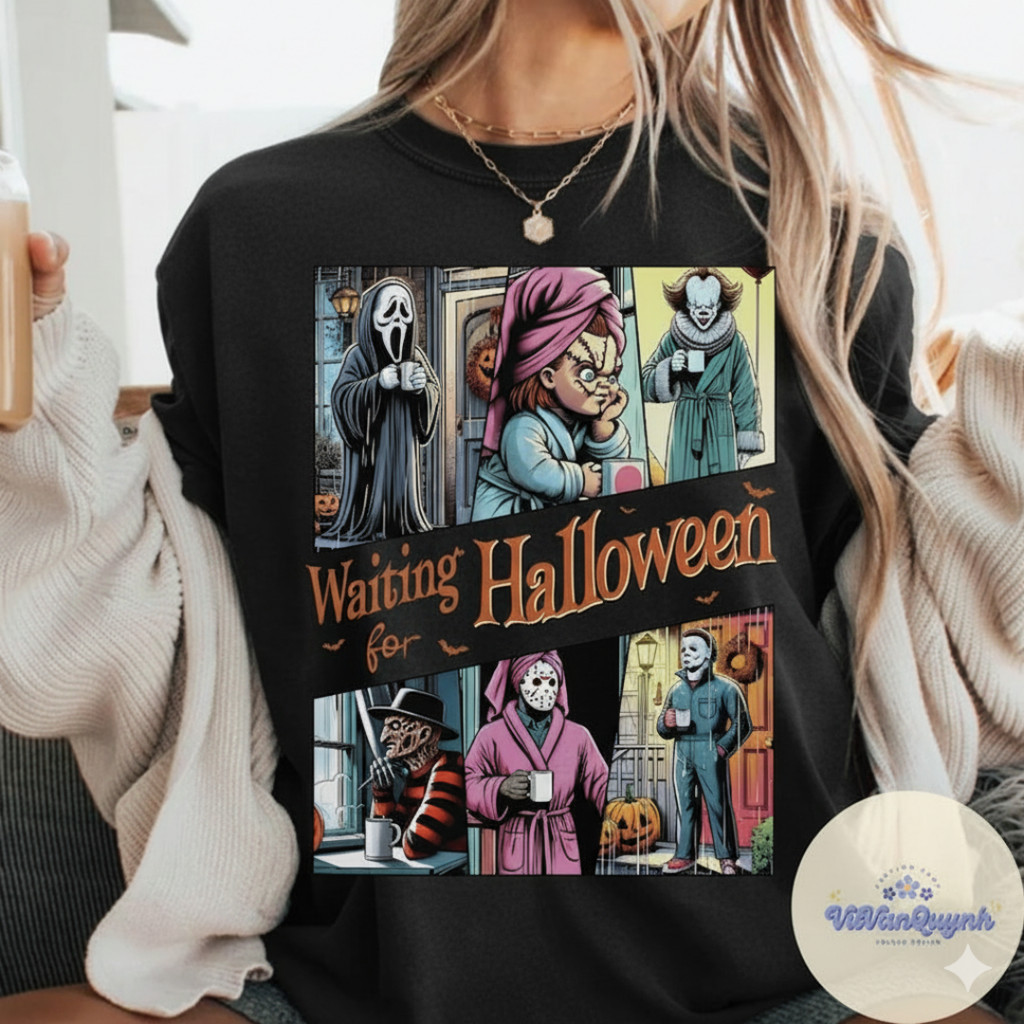 Camisa Camiseta Unissex Camisa Aguardando Personagens de Terror do Halloween Algodão Premium