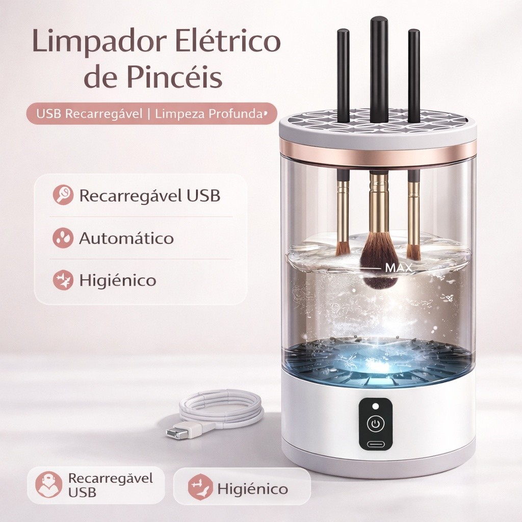 Limpador Automático de Pincéis de Maquiagem, Compacto e Fácil de Usar
