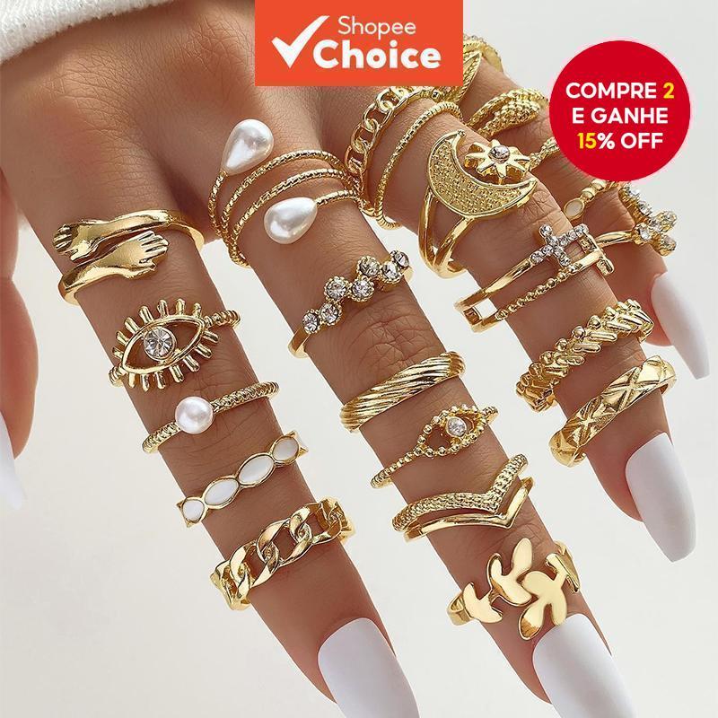 Conjunto de 23 peças Imitação Fashionable Pearl Design Rhinestone Cross Demon Eye Geometric Ring em Oferta na Shopee