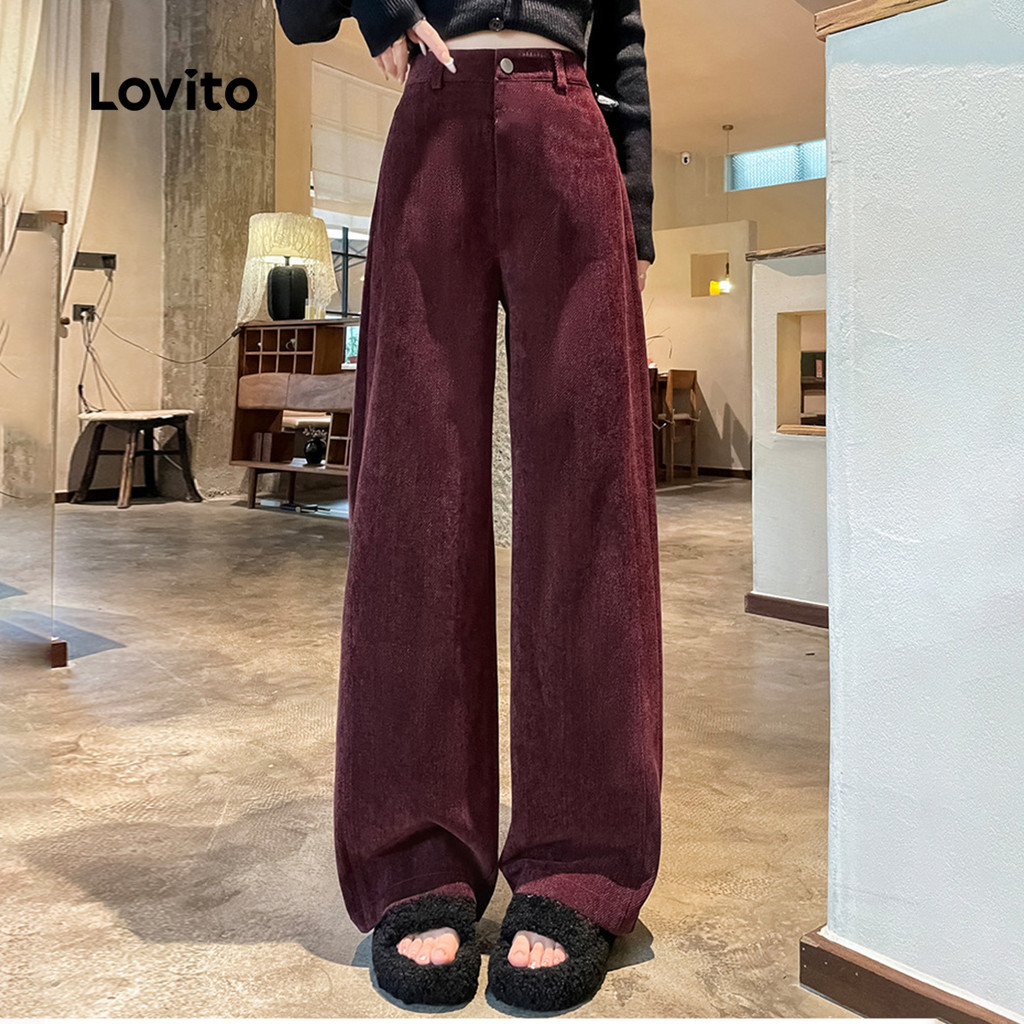 Lovito  Calça Casual com Zíper, Clássica e Versátil, Textura, Calça Borgonha para Mulheres. L173AD152