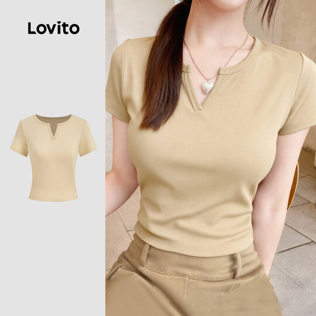 Lovito Casual Camiseta Minimalista Decote V Primavera/verão Camiseta Khaki para