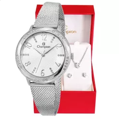 Relógio Feminino Champion Analógico Prata CF24251Q Original + Conjunto Colar E Brinco Feminino
