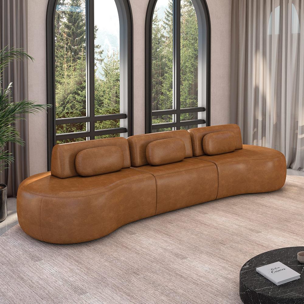 Imagem Sofá Sala de Estar Modulado França 326cm Encosto Articulável com Almofadas PU Caramelo G45 - Gran Belo