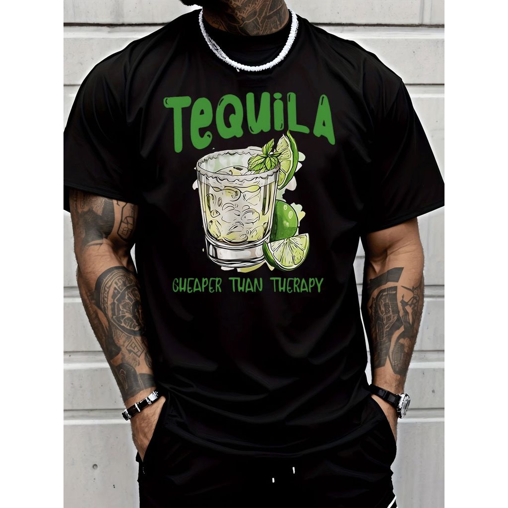 Camiseta Unissex Oversized Camiseta Masculina Tequila Limão Gelo Menta Coquetel Estampado Divertido Estiloso Confortável